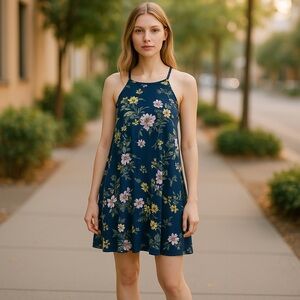 Nine Britton Womens Blue Floral Pattern Sleeveless Sundress High Neck Dress Sz M